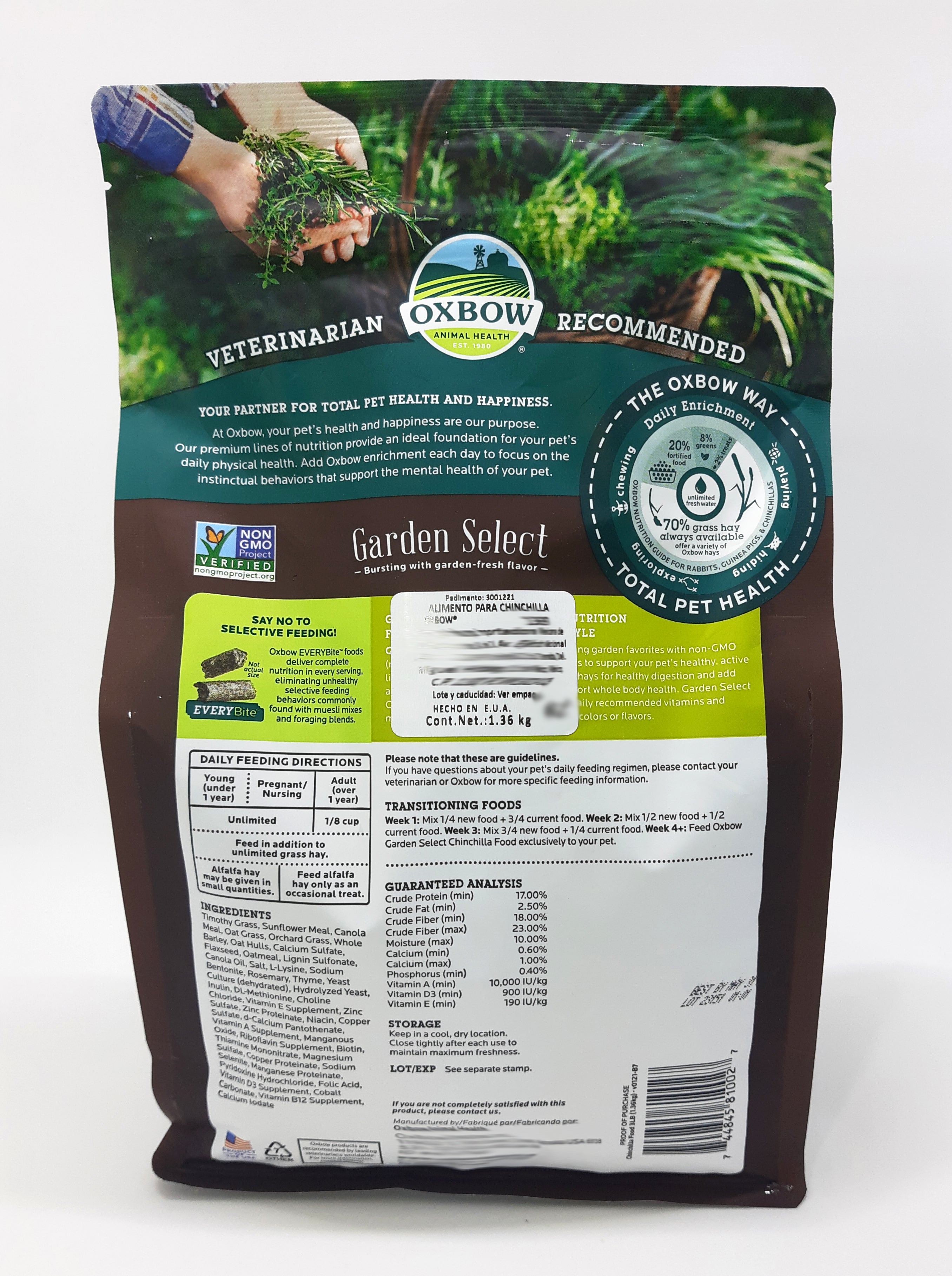 Alimento para Chinchilla Garden Select Oxbow 1.3Kg